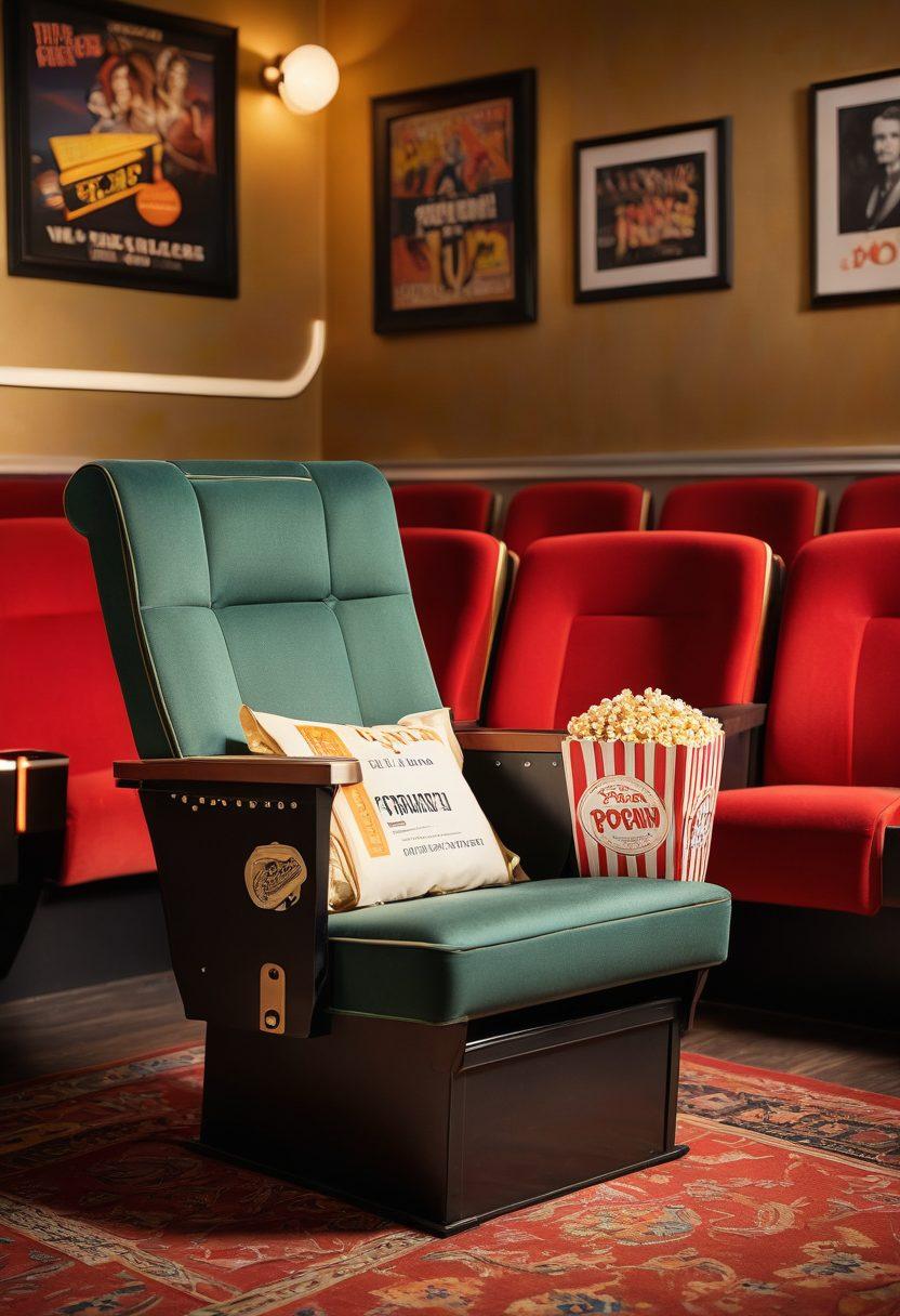 A film reel unwinding across a vintage movie theater seat, surrounded by iconic movie posters of timeless classics and new releases, with soft golden lights illuminating the scene. The ambiance should evoke nostalgia and excitement for cinema lovers. Include a bucket of popcorn and a clapperboard for added touch. vibrant colors. cinematic style. 3D.