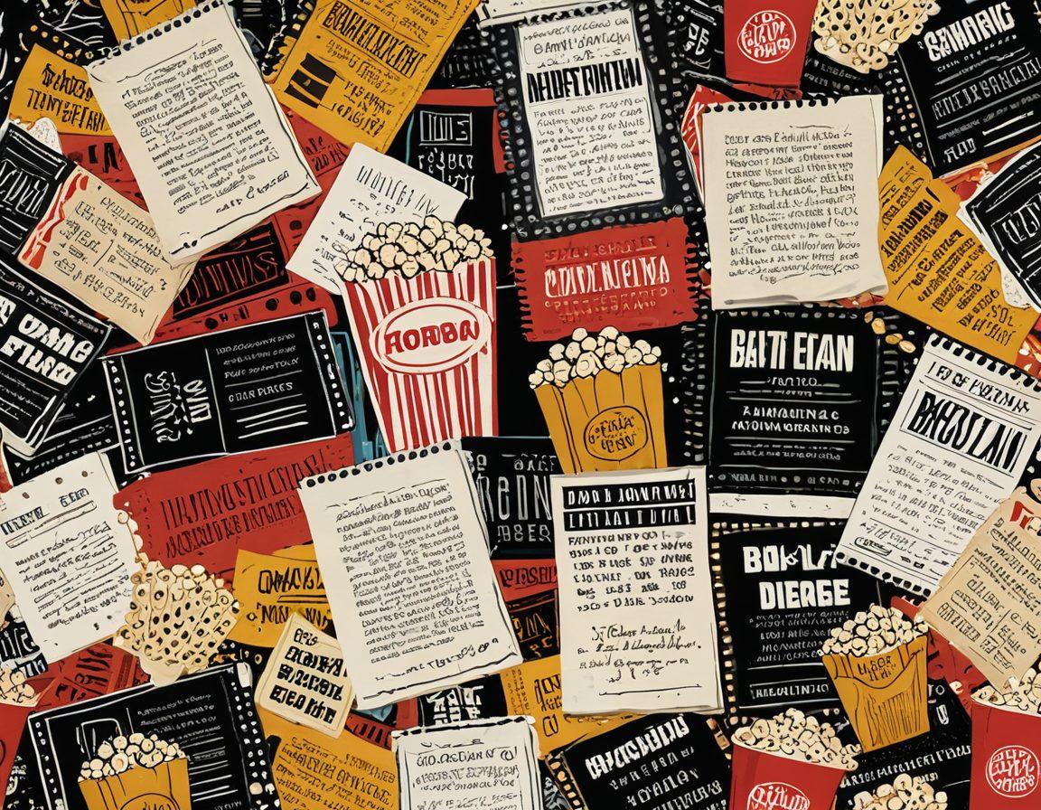 A cinematic collage showcasing iconic blockbuster movie posters merging with indie film images. Include a film critic’s notepad with scribbles of reviews, surrounded by film reels and popcorn. The background captures a gradual transition from a bright, dazzling theater to a cozy indie cinema atmosphere. Rich cinematic colors. vibrant contrasting styles.