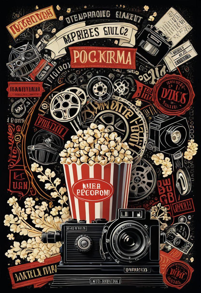 A dramatic montage capturing iconic scenes from legendary films, showcasing a diverse range of genres and eras. Include a spotlight shining down on a classic film reel intertwined with a film strip, evoking nostalgia. Emphasize distinct characters and memorable quotes, with a cinema backdrop featuring vibrant colors. Add a whimsical touch with popcorn and vintage camera equipment. super-realistic. vibrant colors. cinematic style.